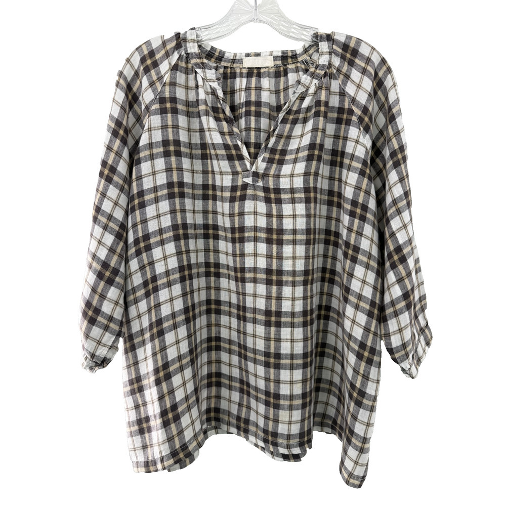 CP Shades Women's Casual Linen V-Neck Plaid 3/4 Sleeve Blouse Medium Lagenlook